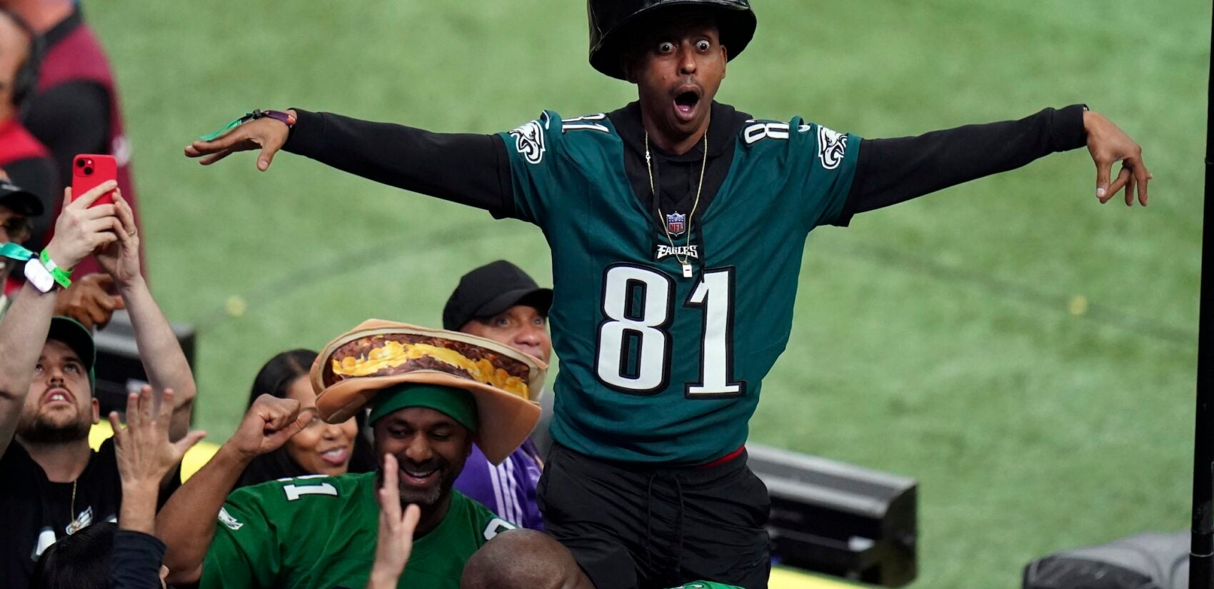 Eagles fans in the stands at the Super Bowl