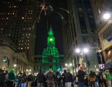 City Hall with fans and fireworks