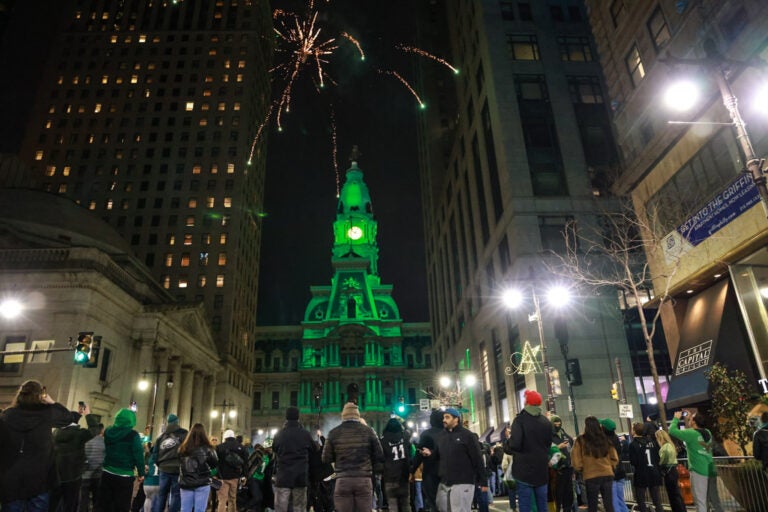 City Hall with fans and fireworks