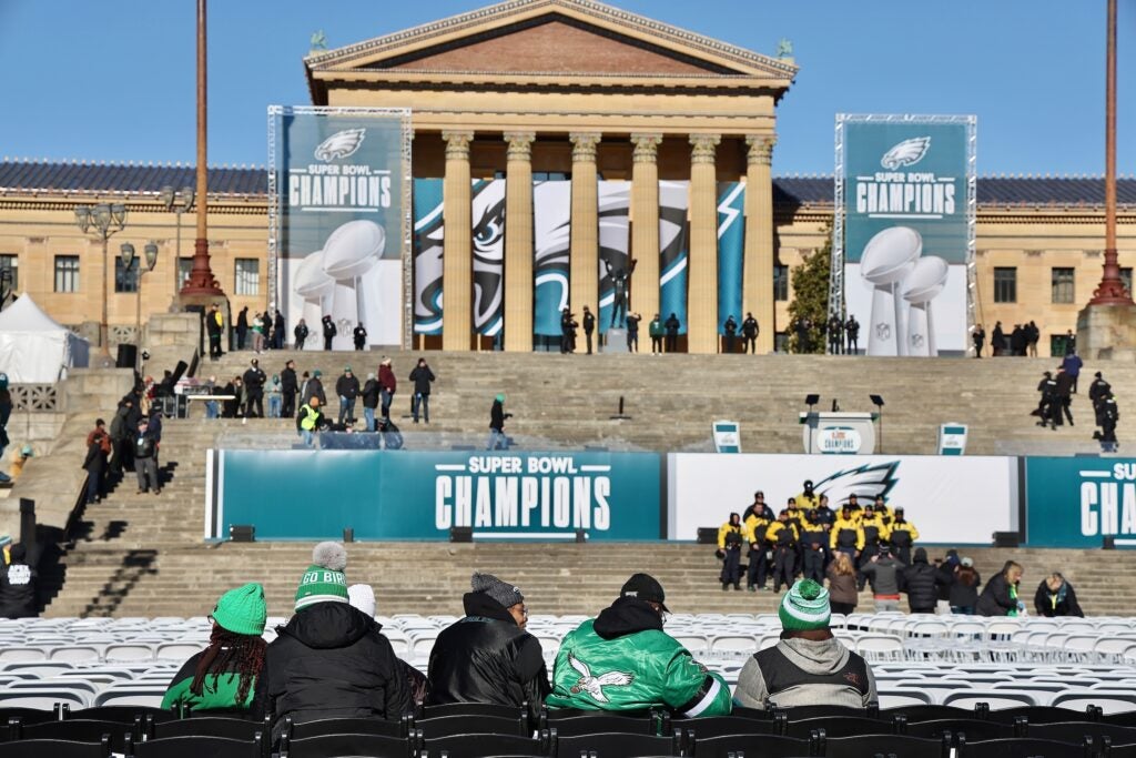 People sitting in the chairs set up in front of the Art Museum