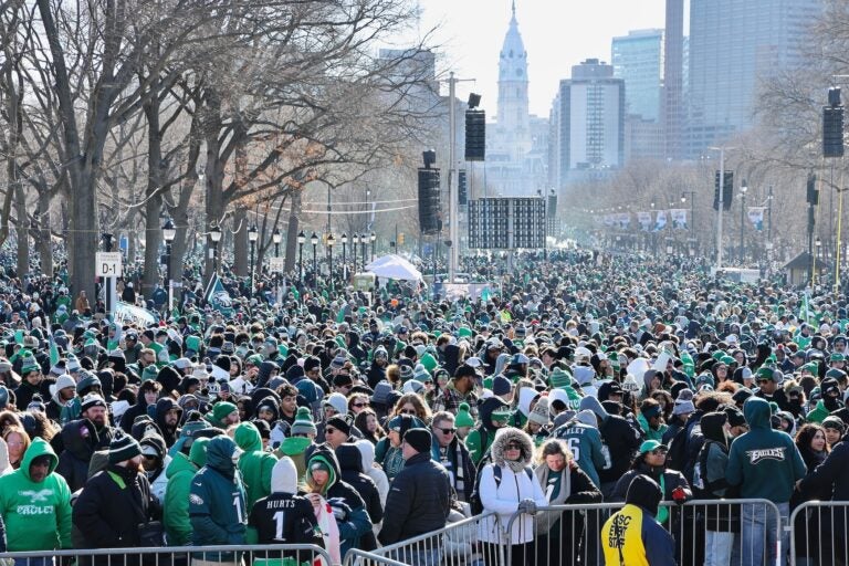 Fans pack along the Parkway awaiting the Eagles parade