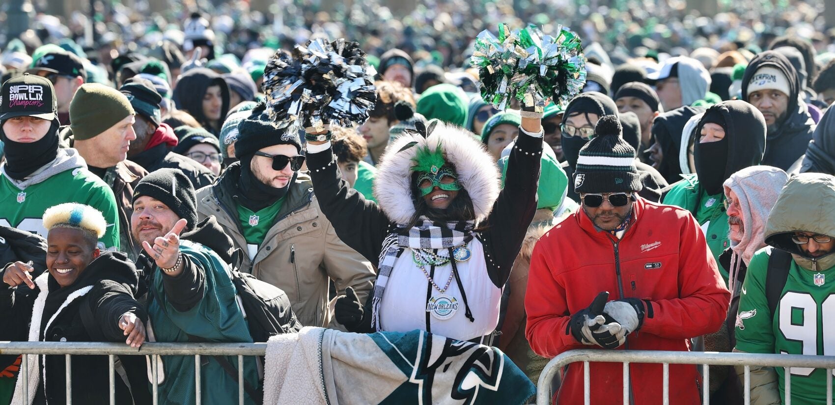 Eagles fans waiting in the crowd for the parade to come to the Art Museum