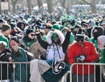 Eagles fans waiting in the crowd for the parade to come to the Art Museum