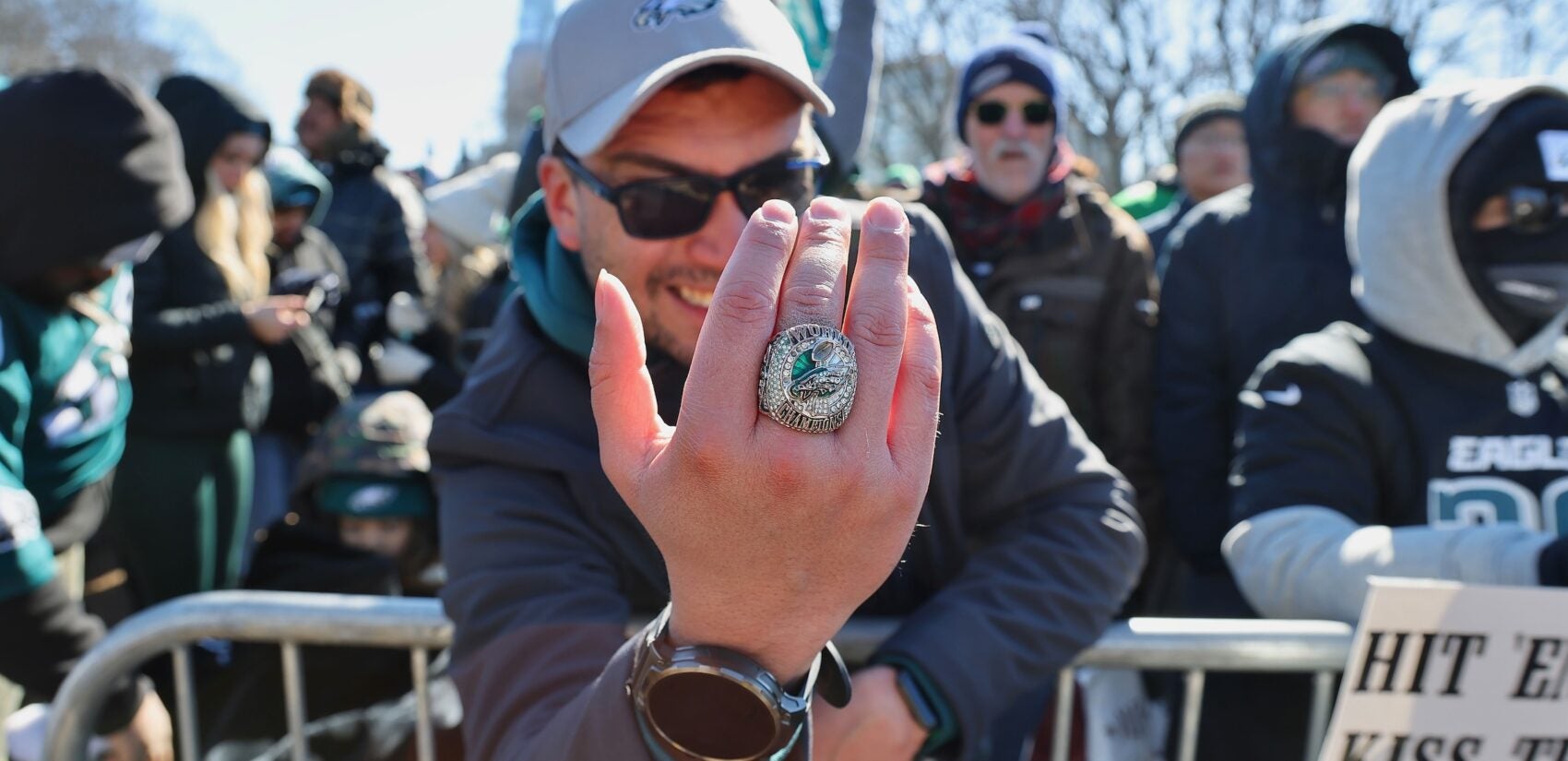 A man showing off his Eagles Super Bowl ring