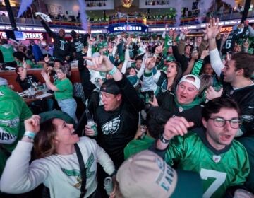 Philadelphia Eagles fans react to the Eagles first touchdown at the watch party for NFL football's Super Bowl 59 game against the Kansas City Chiefs, Sunday, Feb. 9, 2025, at Xfinity Live! Philadelphia. in Philadelphia.