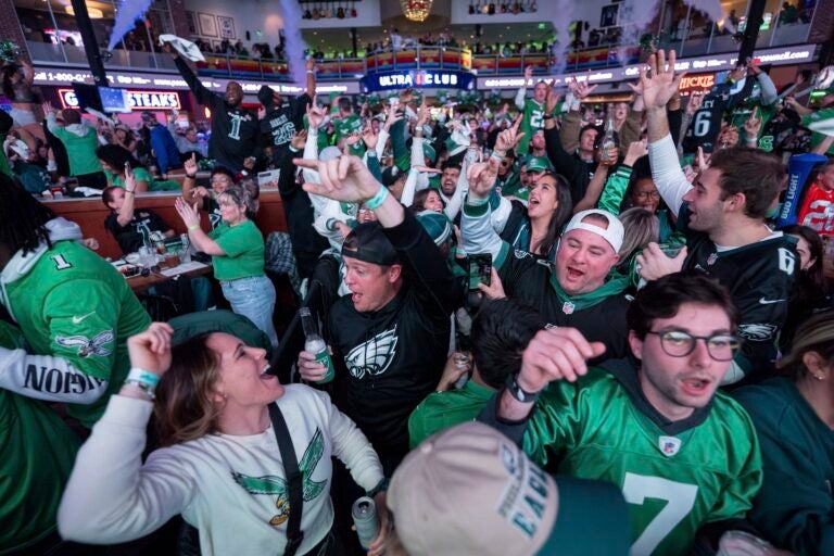 Philadelphia Eagles fans react to the Eagles first touchdown at the watch party for NFL football's Super Bowl 59 game against the Kansas City Chiefs, Sunday, Feb. 9, 2025, at Xfinity Live! Philadelphia. in Philadelphia.