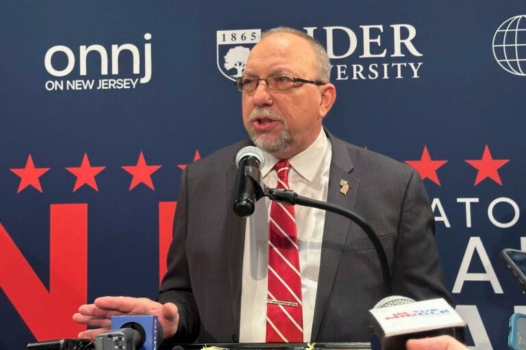 Former state senator Ed Durr speaks after the first Republican debate Tuesday, Feb. 4, 2025, at Rider University in Lawrenceville, N.J.