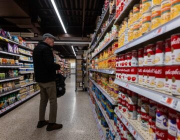 Canned soup and vegetables at NYC grocery store