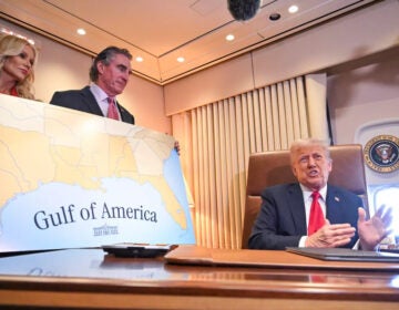 President Trump speaks to the press before signing a proclamation renaming the Gulf of Mexico as the Gulf of America aboard Air Force One en route to New Orleans, Louisiana on Feb. 9, 2025. (ROBERTO SCHMIDT/AFP via Getty Images/AFP)