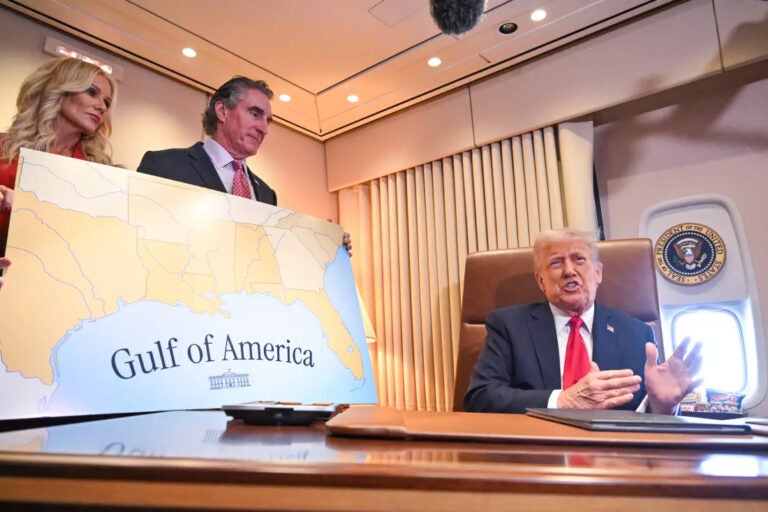 President Trump speaks to the press before signing a proclamation renaming the Gulf of Mexico as the Gulf of America aboard Air Force One en route to New Orleans, Louisiana on Feb. 9, 2025. (ROBERTO SCHMIDT/AFP via Getty Images/AFP)