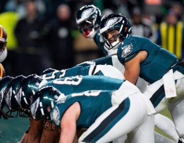 Philadelphia Eagles quarterback Jalen Hurts is seen just before a tush push, or brotherly shove