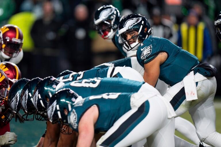 Philadelphia Eagles quarterback Jalen Hurts is seen just before a tush push, or brotherly shove