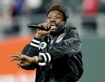 Rapper Meek Mill performs before Game 5 of the World Series between the Houston Astros and the Philadelphia Phillies on Thursday, Nov. 3, 2022, in Philadelphia.
