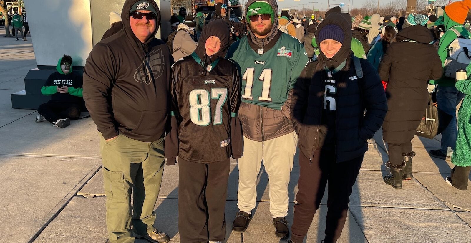 Eagles fans wait outside Lincoln Financial Field ahead of the team's Super Bowl 59 victory parade.