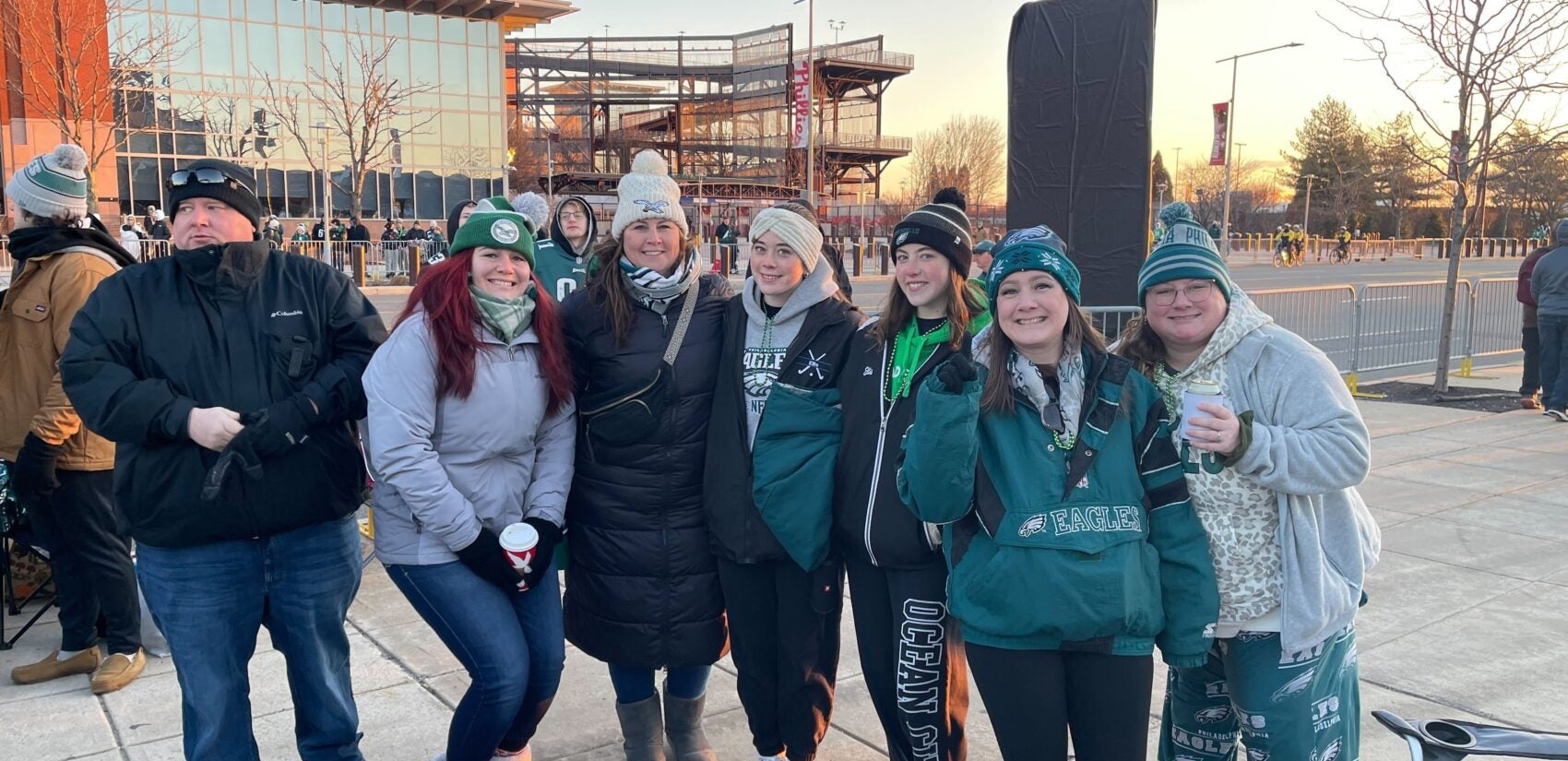 Eagles fans wait outside Lincoln Financial Field ahead of the team's Super Bowl 59 victory parade.