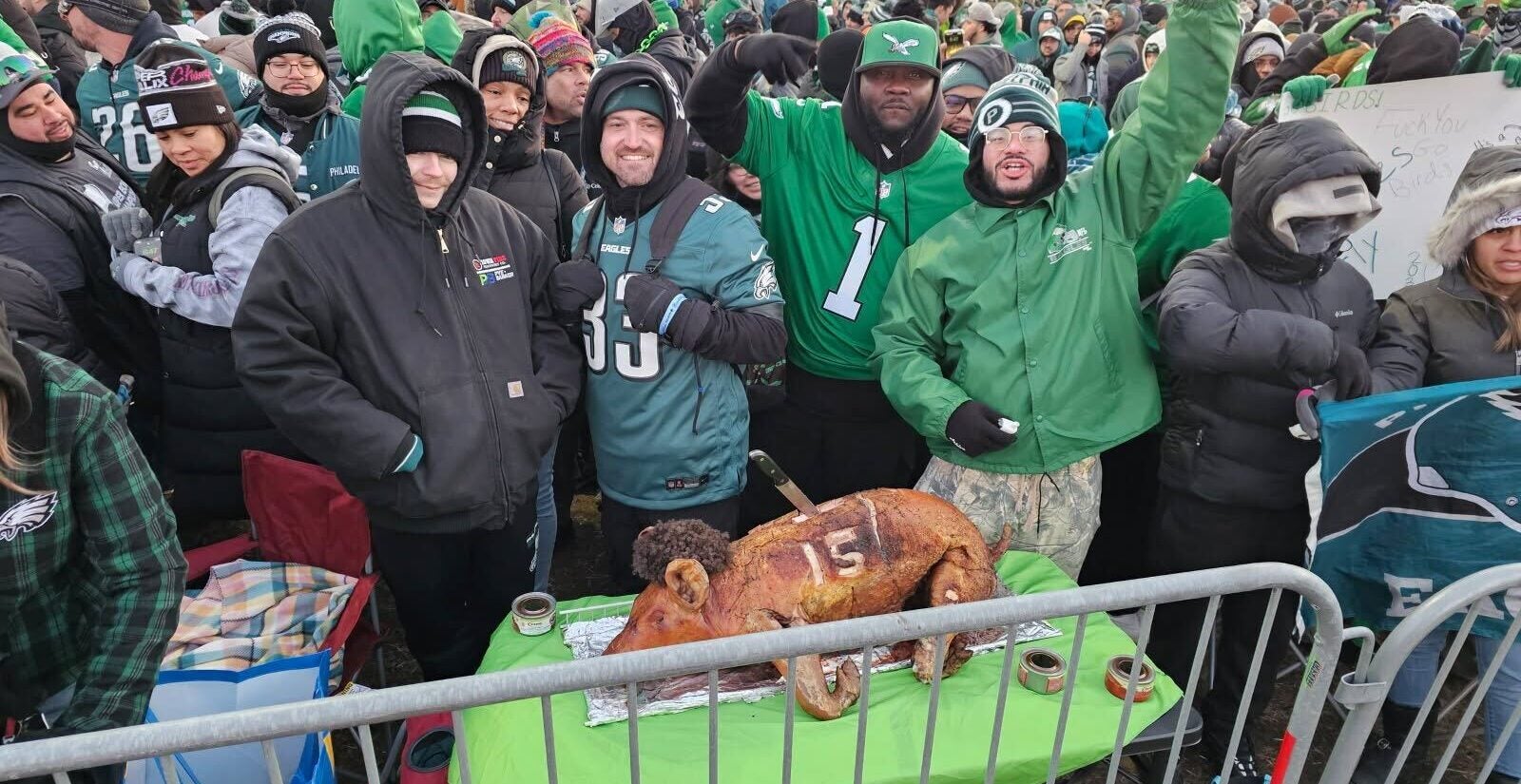 Eagles fans along the Ben Franklin Parkway tailgate ahead of the team's Super Bowl 59 victory parade.