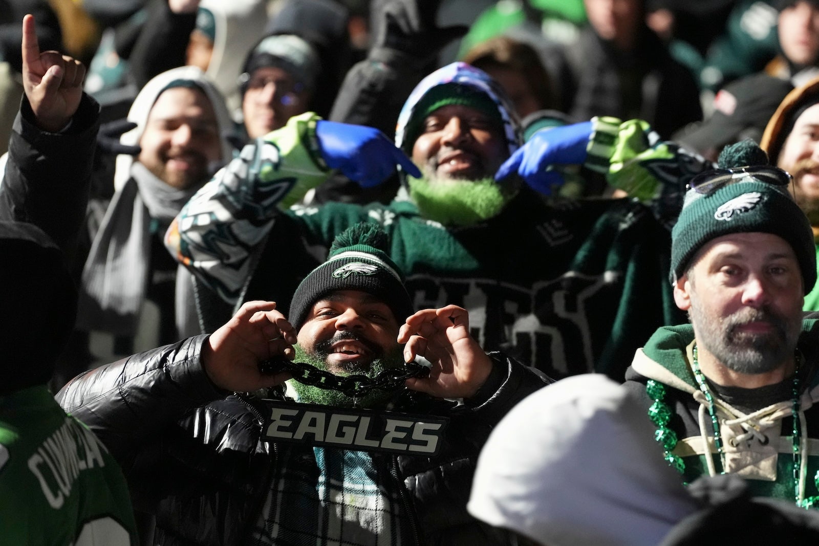 Fans gather before the Philadelphia Eagles Super Bowl 59 parade and celebration, Friday, Feb. 14, 2025, in Philadelphia.