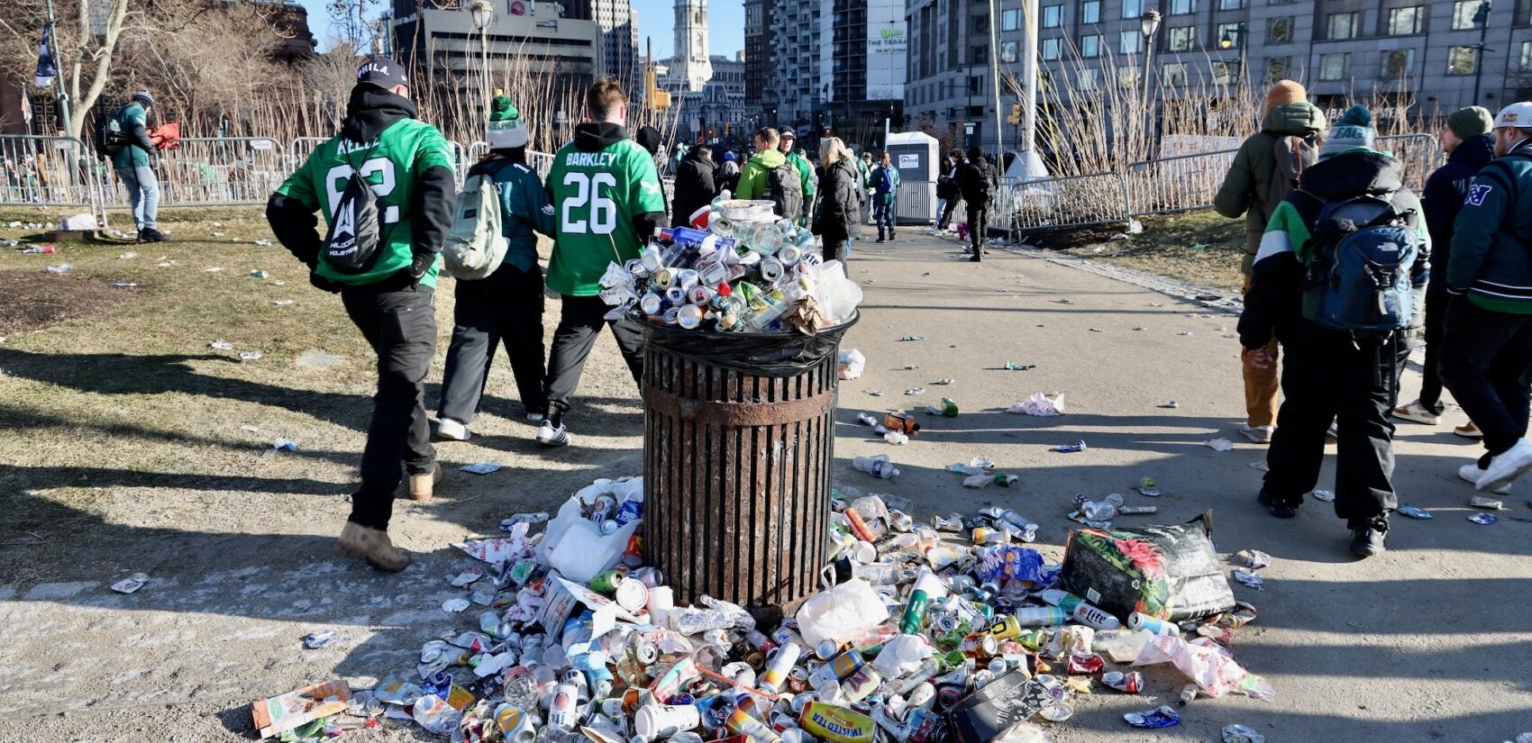 Piles of garbage along Eagles parade route