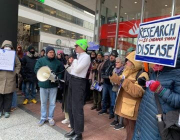 people protesting with a sign reading RESEARCH IS CHEAPER THAN DISEASE