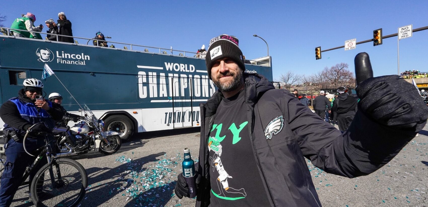 Eagles Head Coach Nick Sirianni greets fans on South Broad Street during the Philadelphia Eagles Super Bowl LIX victory parade, Friday Feb. 14, 2025. (For WHYY/ Joseph Kaczmarek)
