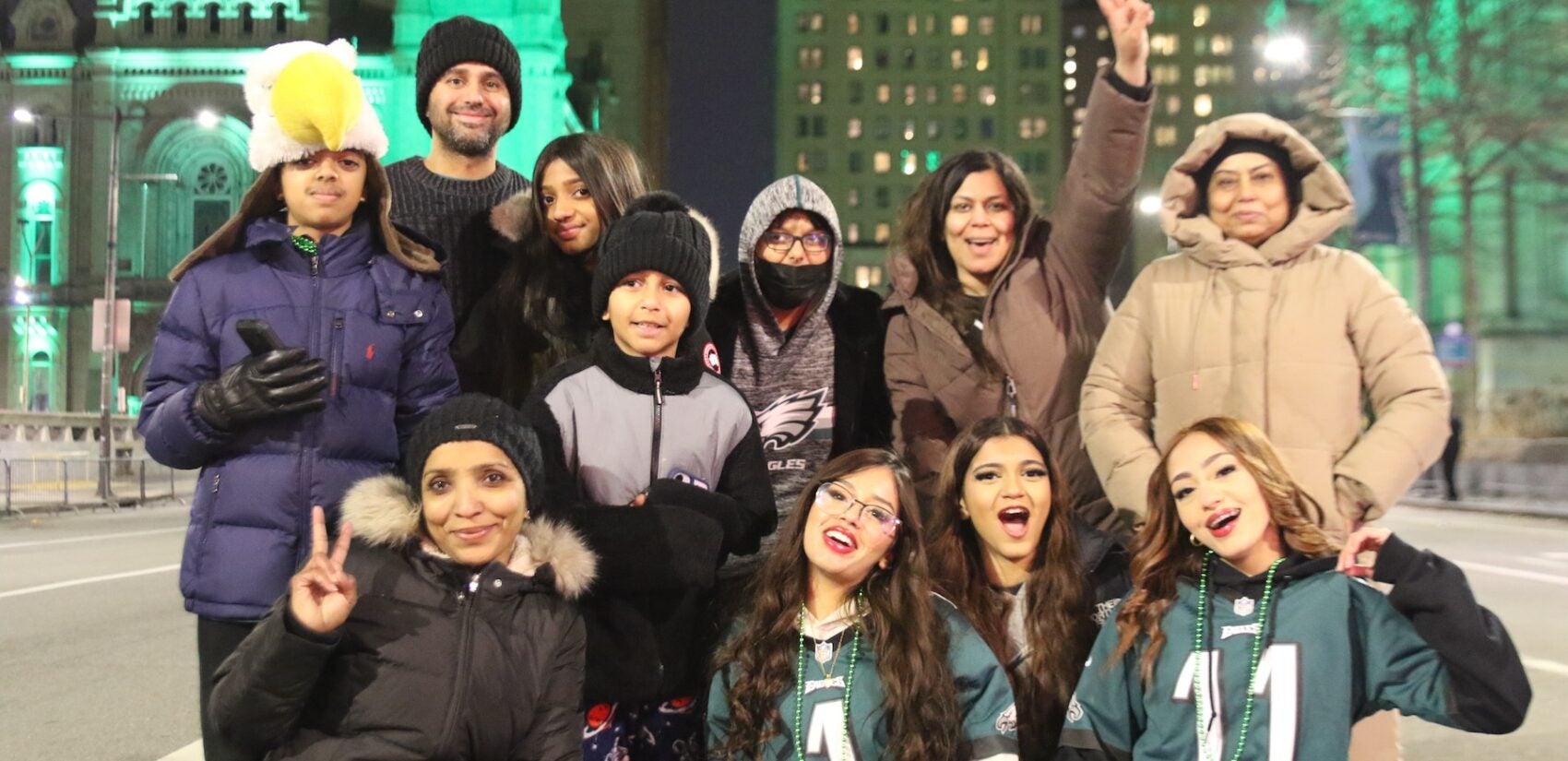 Eagles fans celebrating on Broad Street after the Super Bowl