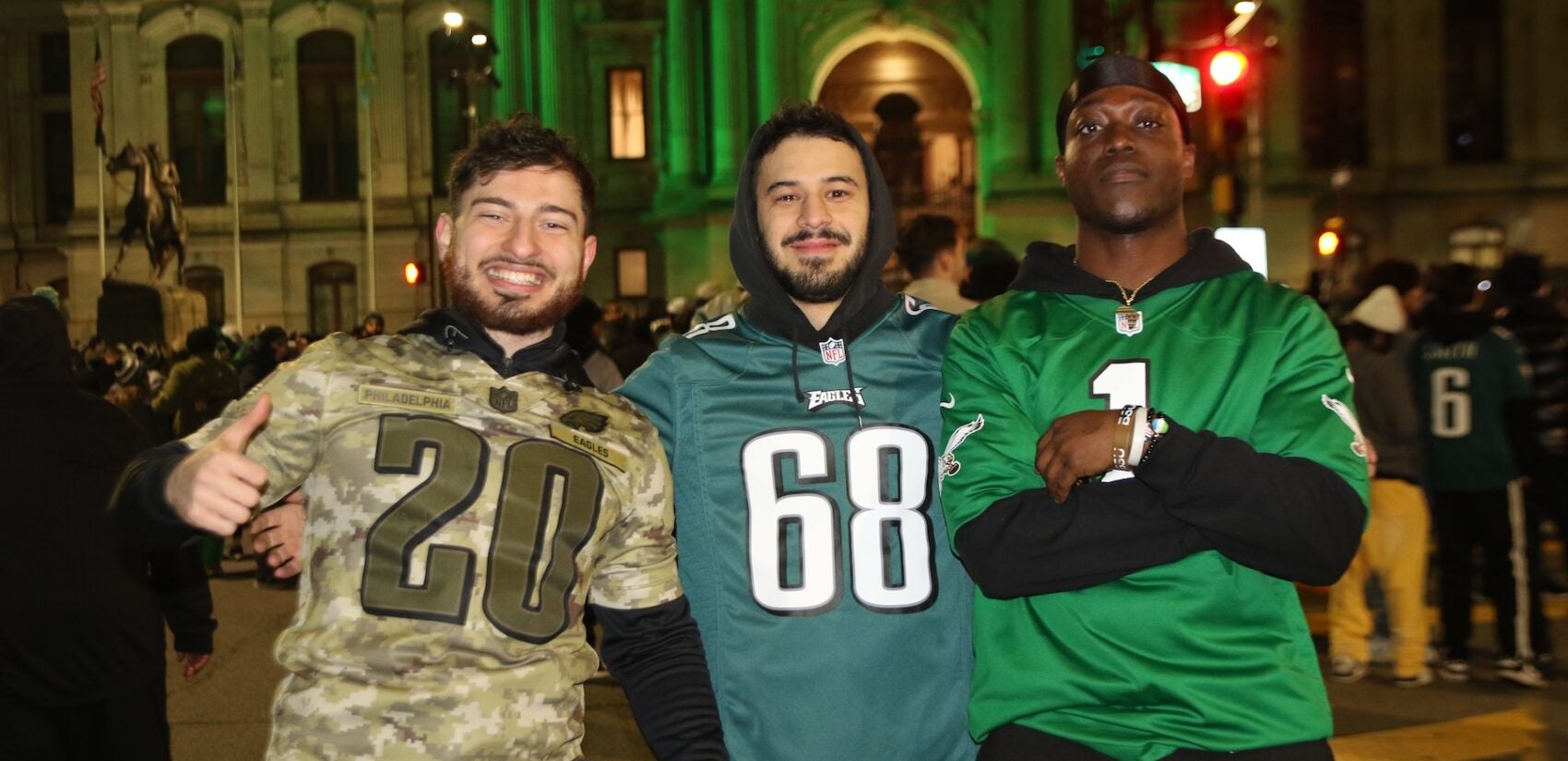 Eagles fans celebrating on Broad Street after the Super Bowl