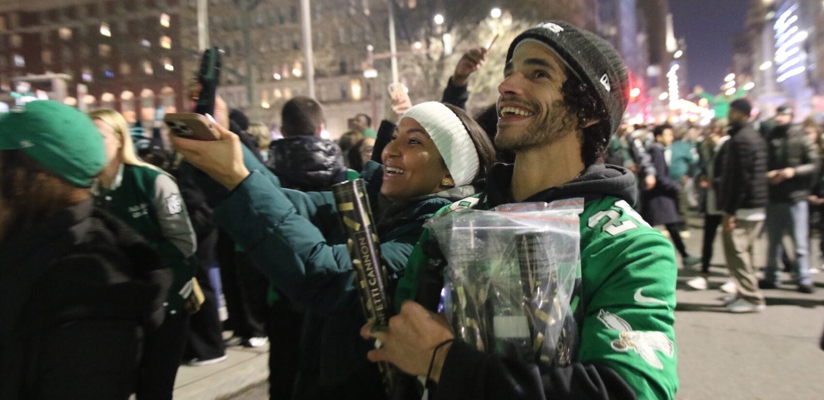 Eagles fans celebrating on Broad Street after the Super Bowl