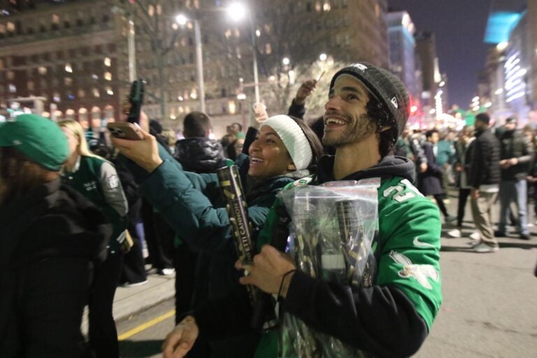 Eagles fans celebrating on Broad Street after the Super Bowl