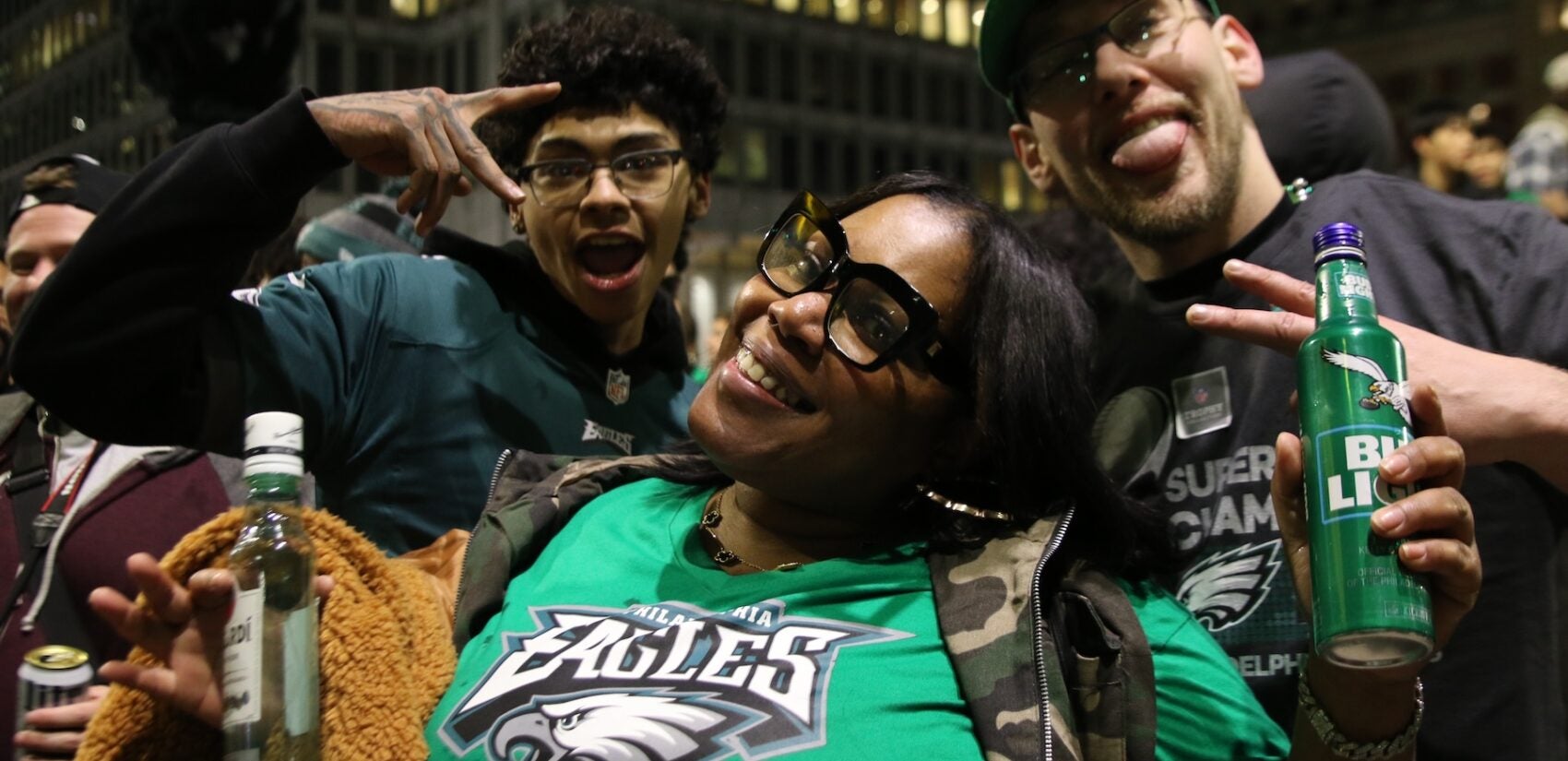 Eagles fans celebrating on Broad Street after the Super Bowl