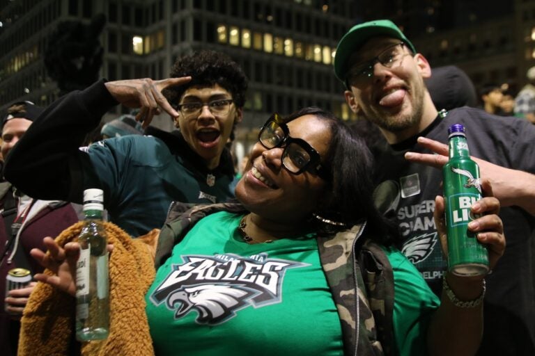 Eagles fans celebrating on Broad Street after the Super Bowl