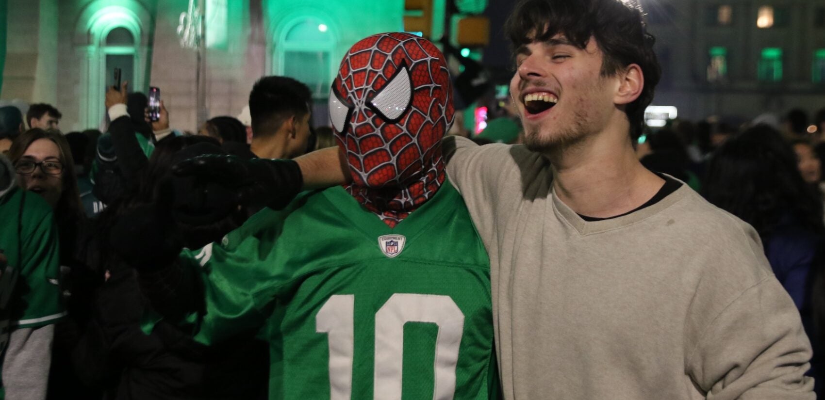 Eagles fans celebrating on Broad Street after the Super Bowl