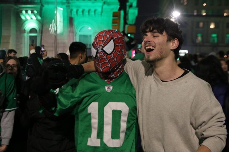 Eagles fans celebrating on Broad Street after the Super Bowl