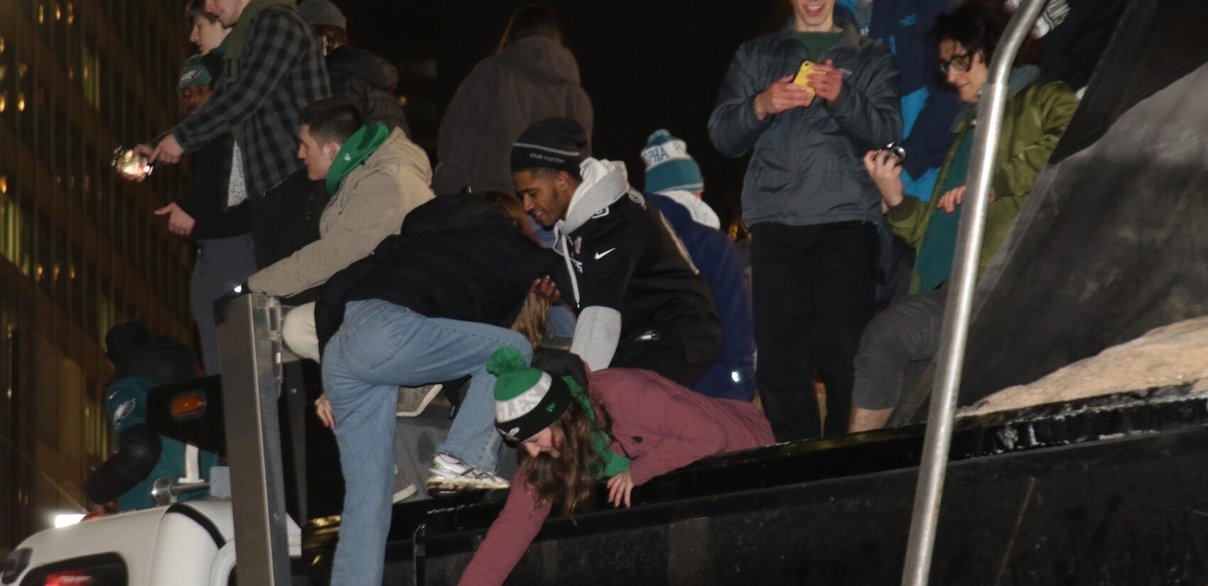 Eagles fans celebrating on Broad Street after the Super Bowl