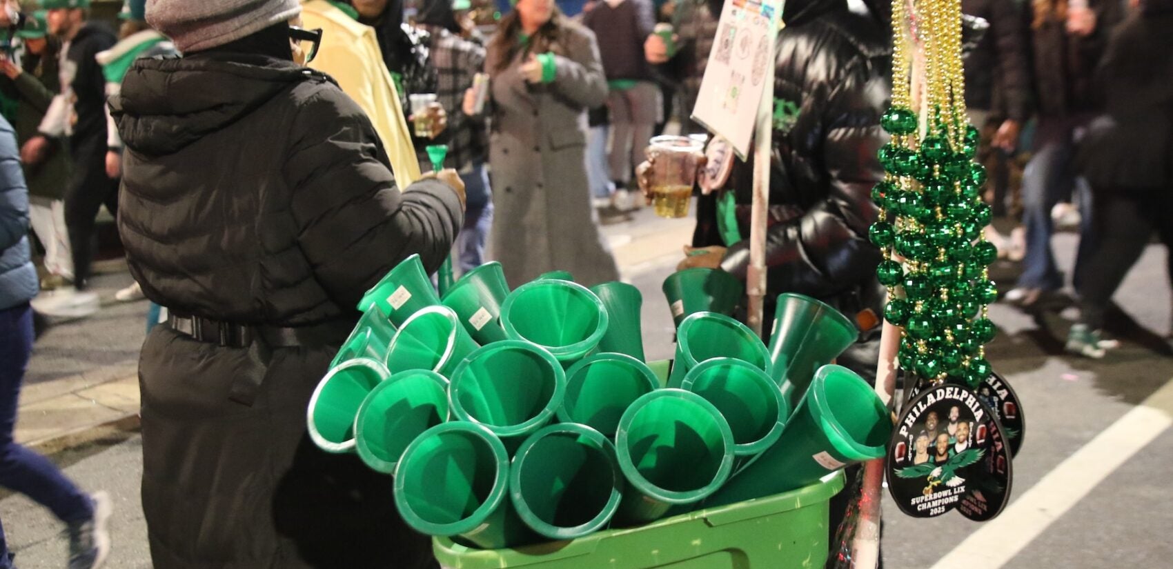 Eagles fans celebrating on Broad Street after the Super Bowl