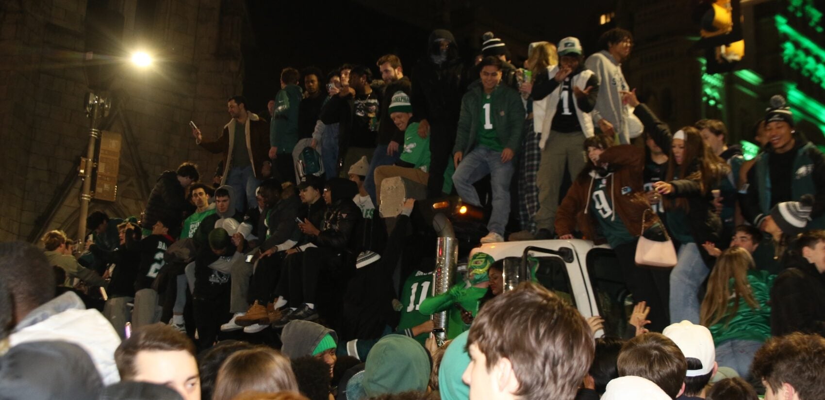 Eagles fans celebrating on Broad Street after the Super Bowl