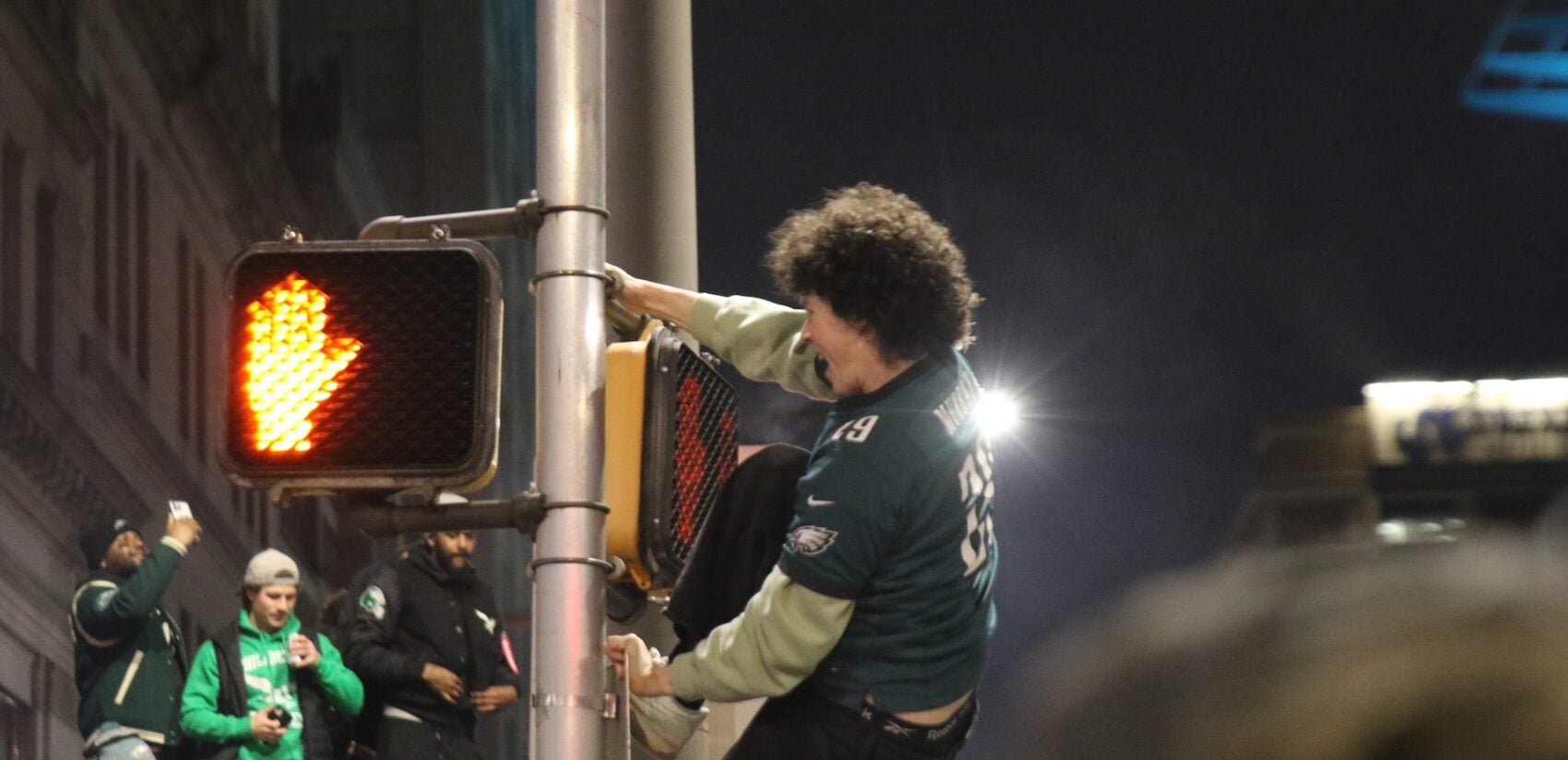 Eagles fans celebrating on Broad Street after the Super Bowl