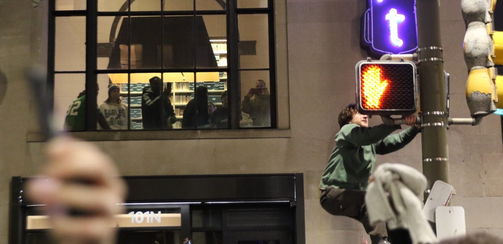 Eagles fans celebrating on Broad Street after the Super Bowl