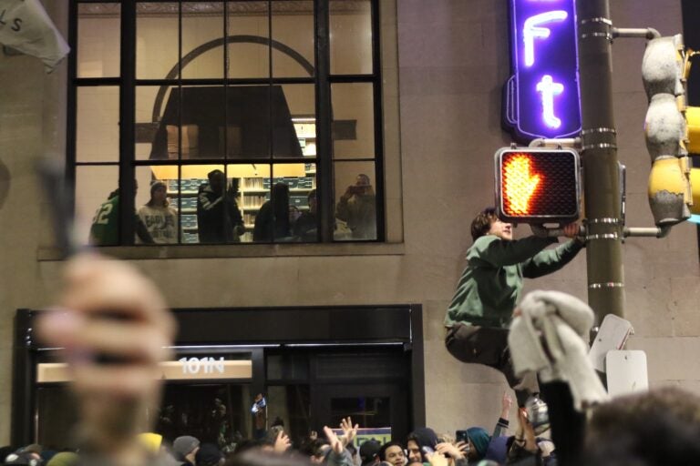 Eagles fans celebrating on Broad Street after the Super Bowl