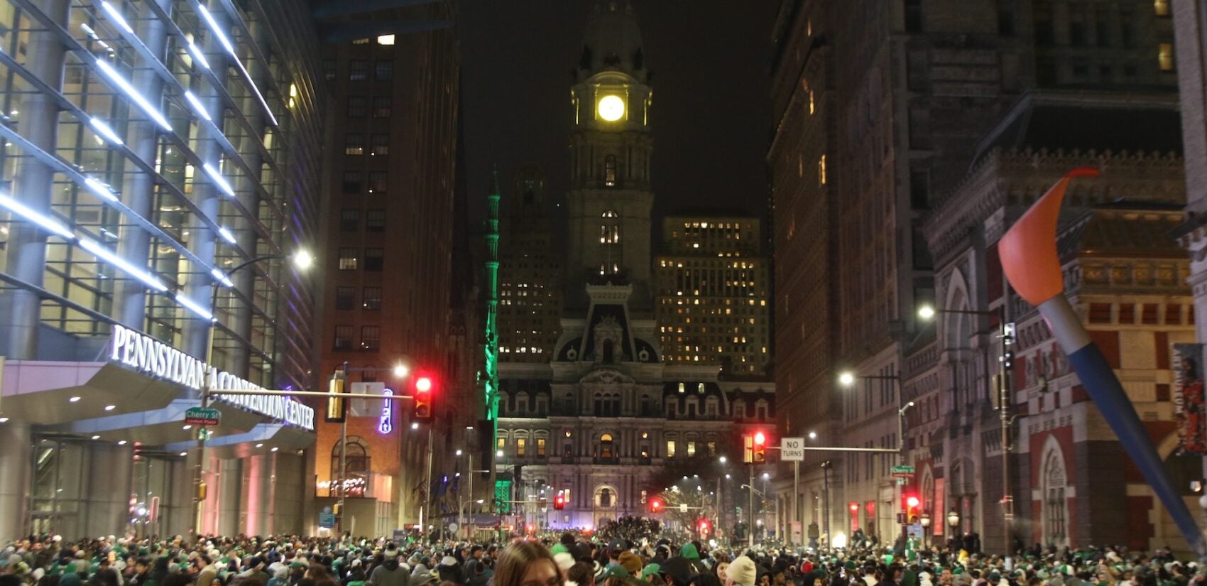 Eagles fans celebrating on Broad Street after the Super Bowl