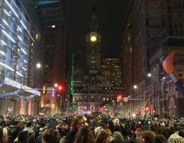 Eagles fans celebrating on Broad Street after the Super Bowl