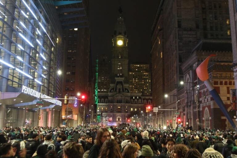 Eagles fans celebrating on Broad Street after the Super Bowl