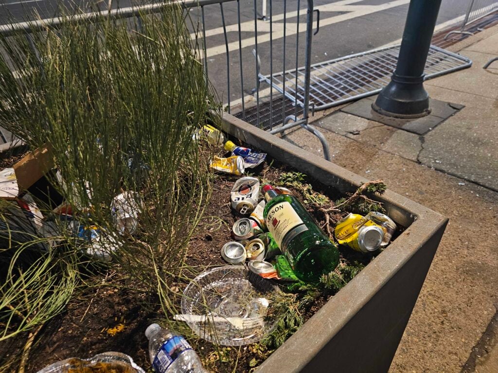 Litter is strewn about Center City following the Eagles' Super Bowl 59 victory against the Chiefs.