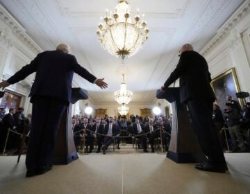 Trump and Netanyahu speaking at a press conference taken from behind them facing the audience