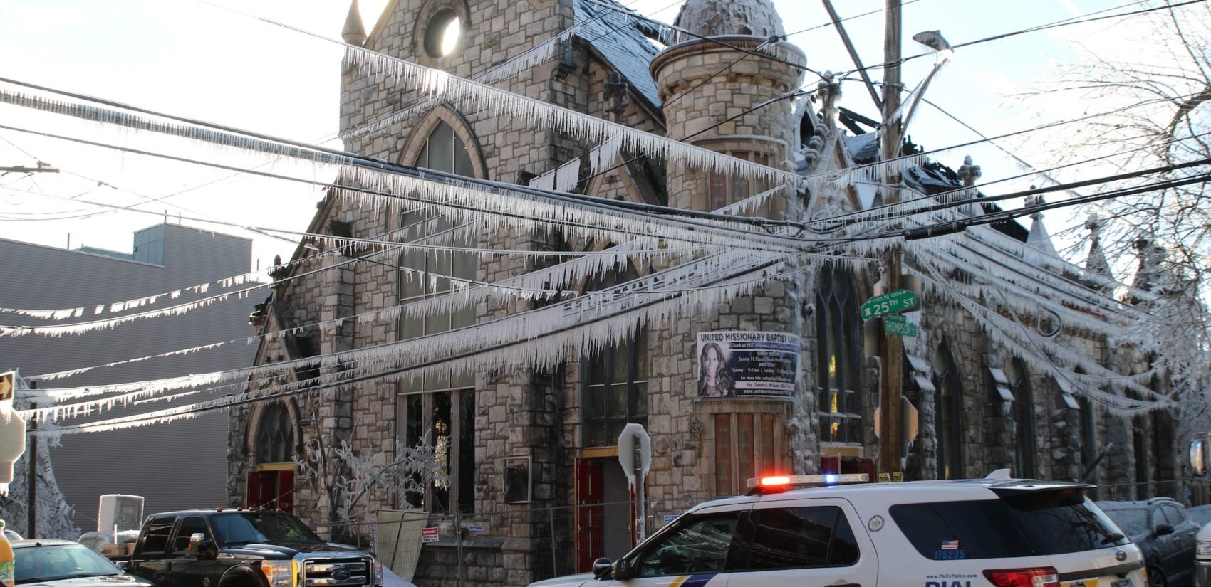 The church covered in ice after crews put out the fire the night before