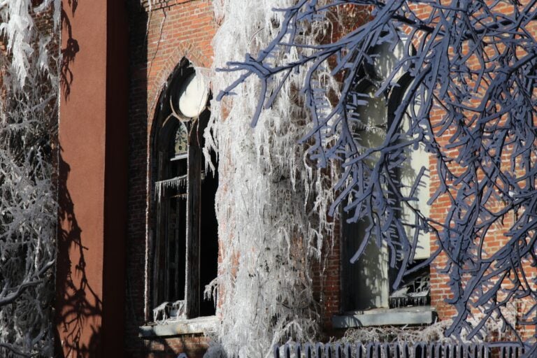 The church covered in ice after crews put out the fire the night before