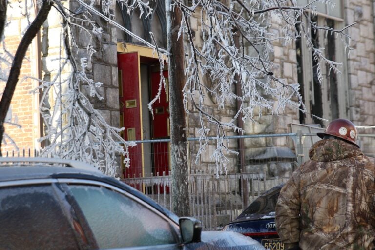 The church covered in ice after crews put out the fire the night before