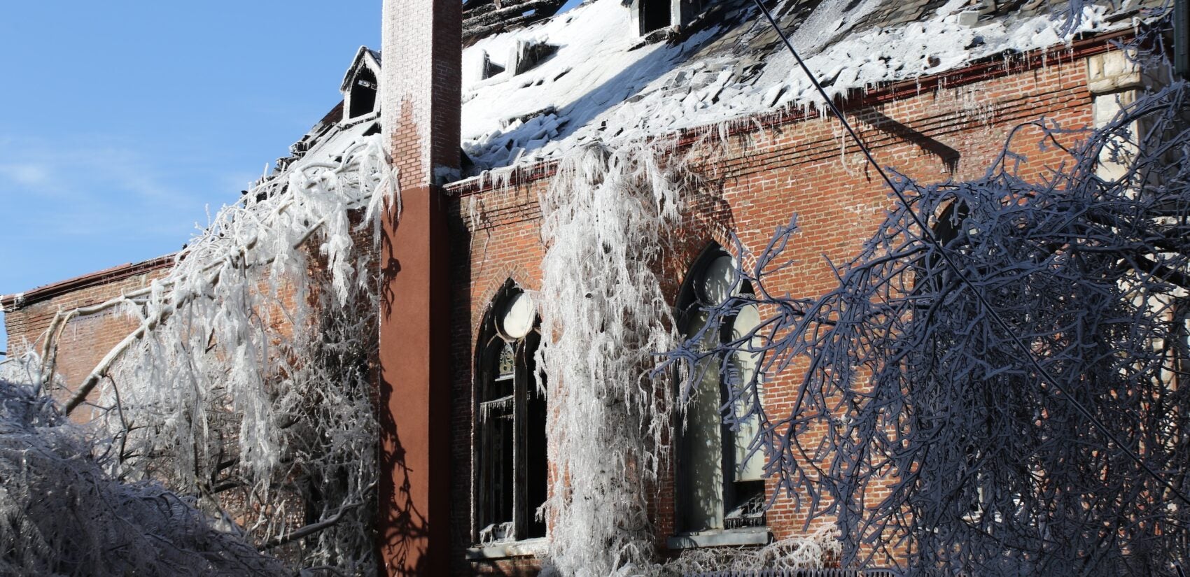 The church covered in ice after crews put out the fire the night before