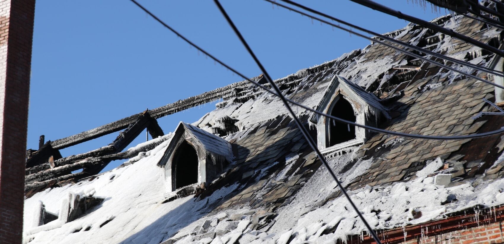 The church covered in ice after crews put out the fire the night before