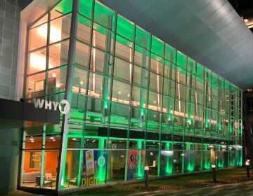 WHYY headquarters on North 6th Street in Philadelphia is lit up green in support of the Philadelphia Eagles ahead of the Super Bowl