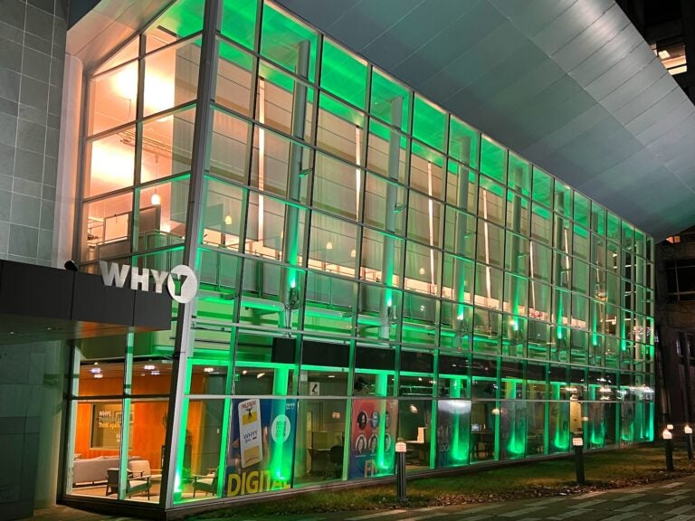 WHYY headquarters on North 6th Street in Philadelphia is lit up green in support of the Philadelphia Eagles ahead of the Super Bowl